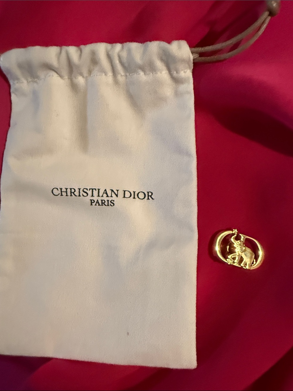 Christian Dior Gold Elephant brooch pin with White Drawstring Pouch